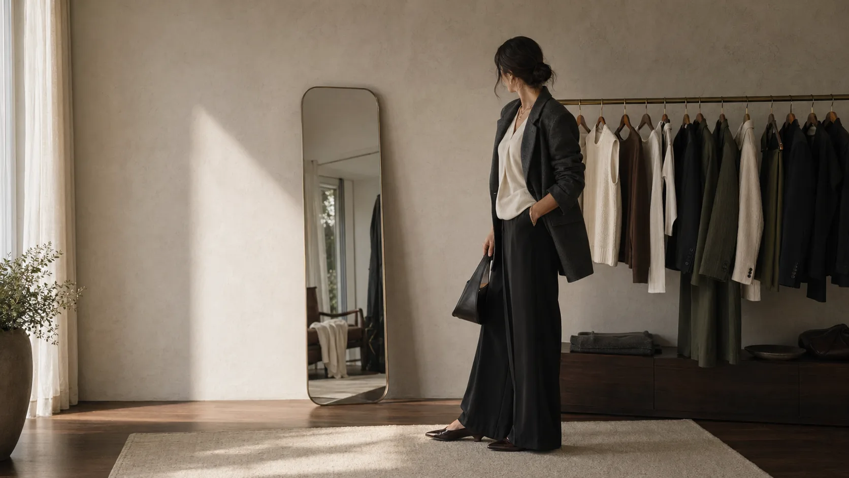 A Seoul-inspired dressing room with a woman wearing a long column skirt and relaxed blazer