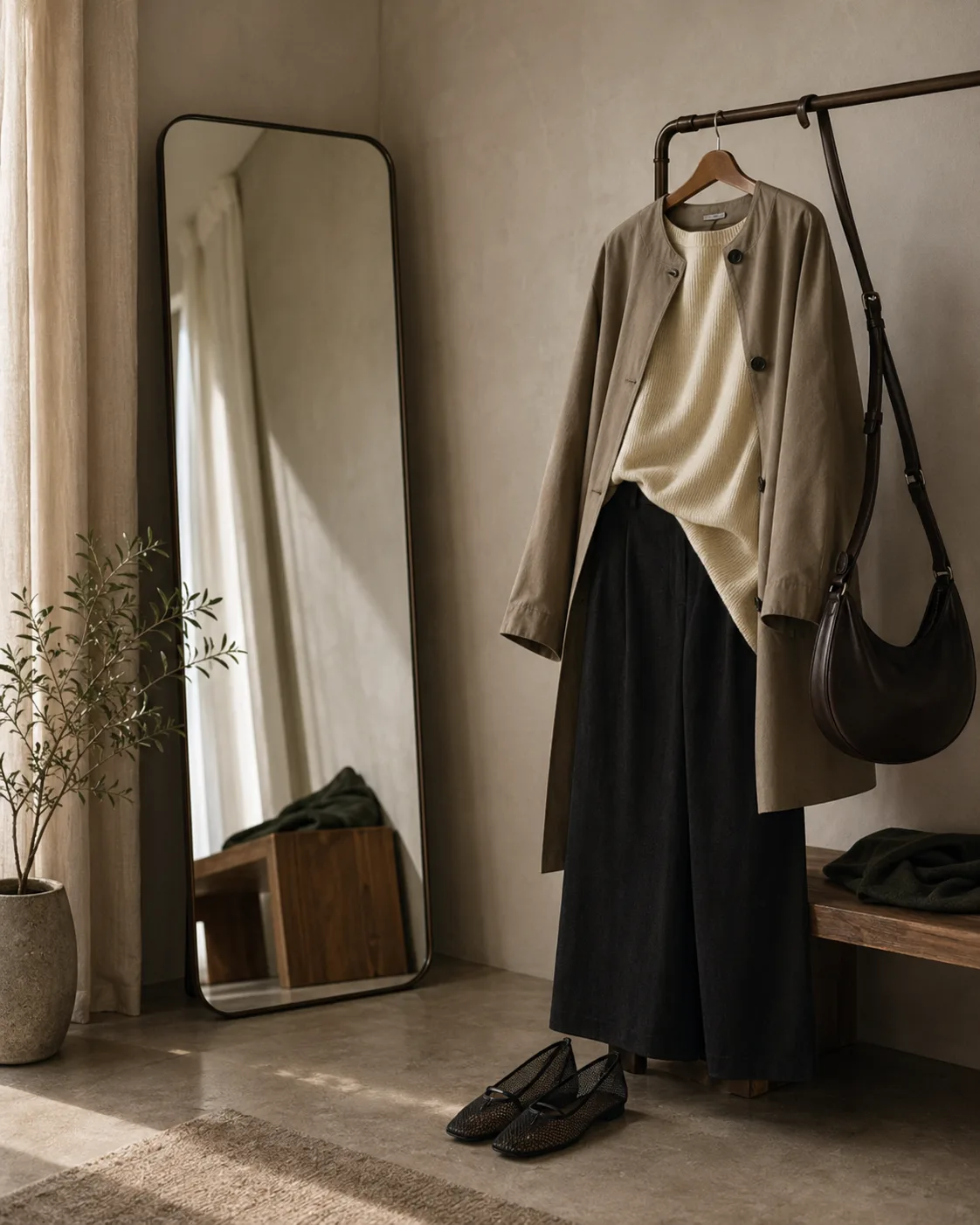 A Korean fashion inspired outfit edit with relaxed tailoring and a crescent shoulder bag