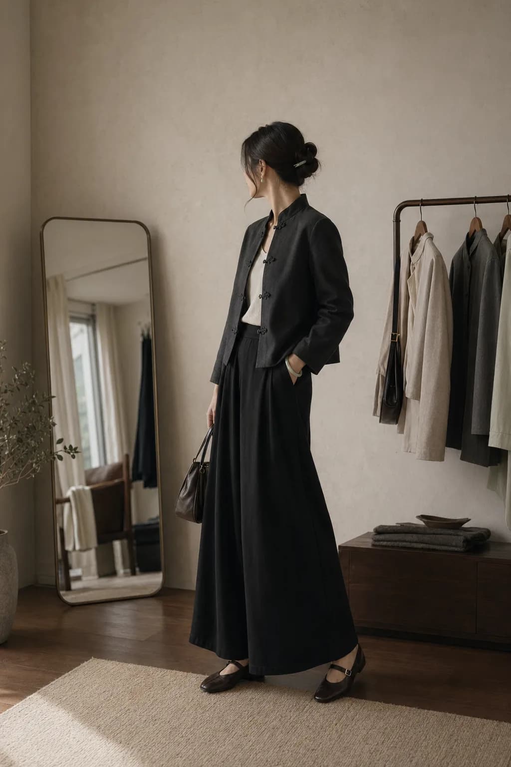 Modern East Asian outfit with a mandarin-collar detail, long skirt, and structured jacket