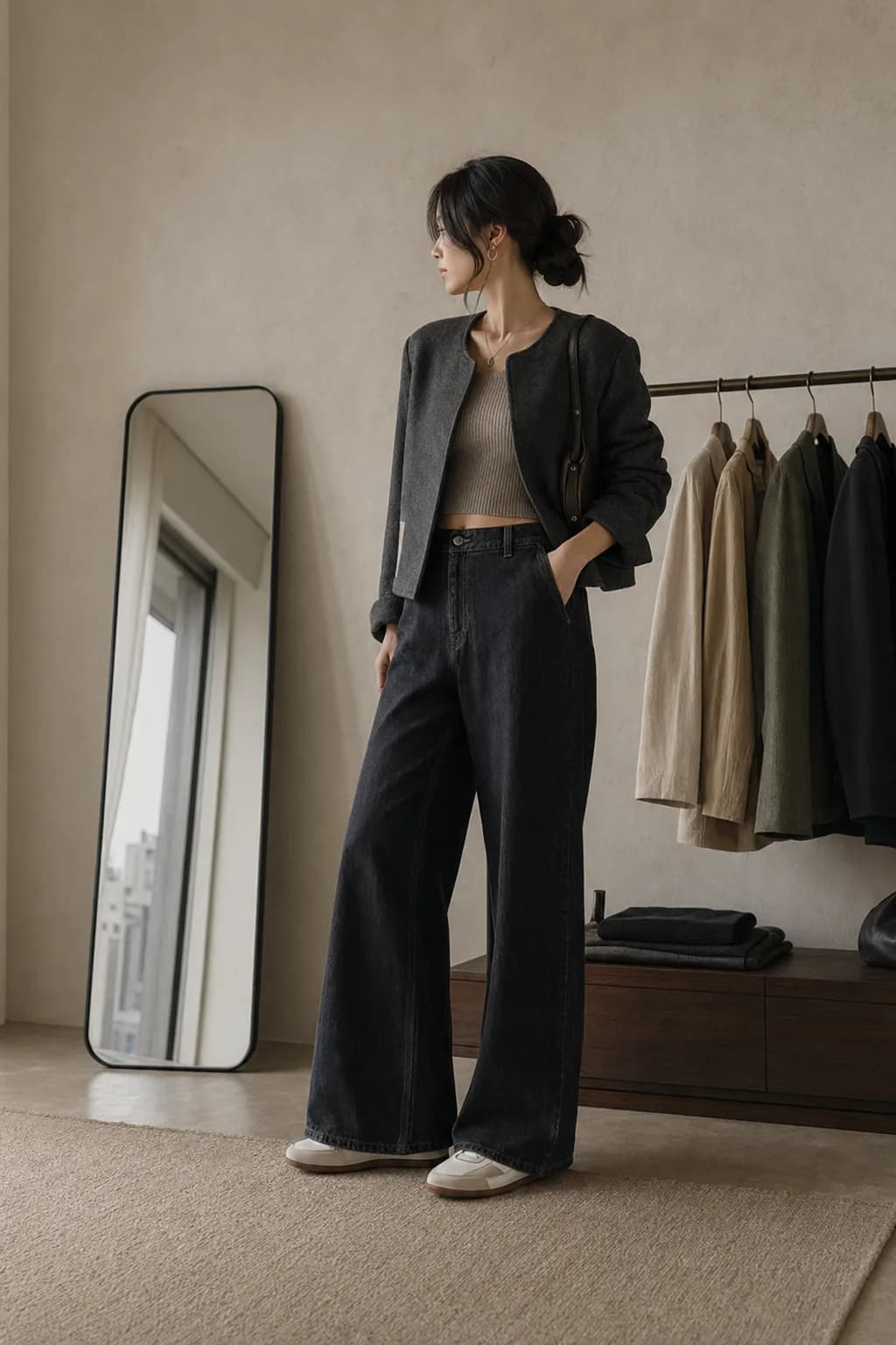 Seoul minimal outfit with relaxed tailoring, wide trousers, and a compact shoulder bag