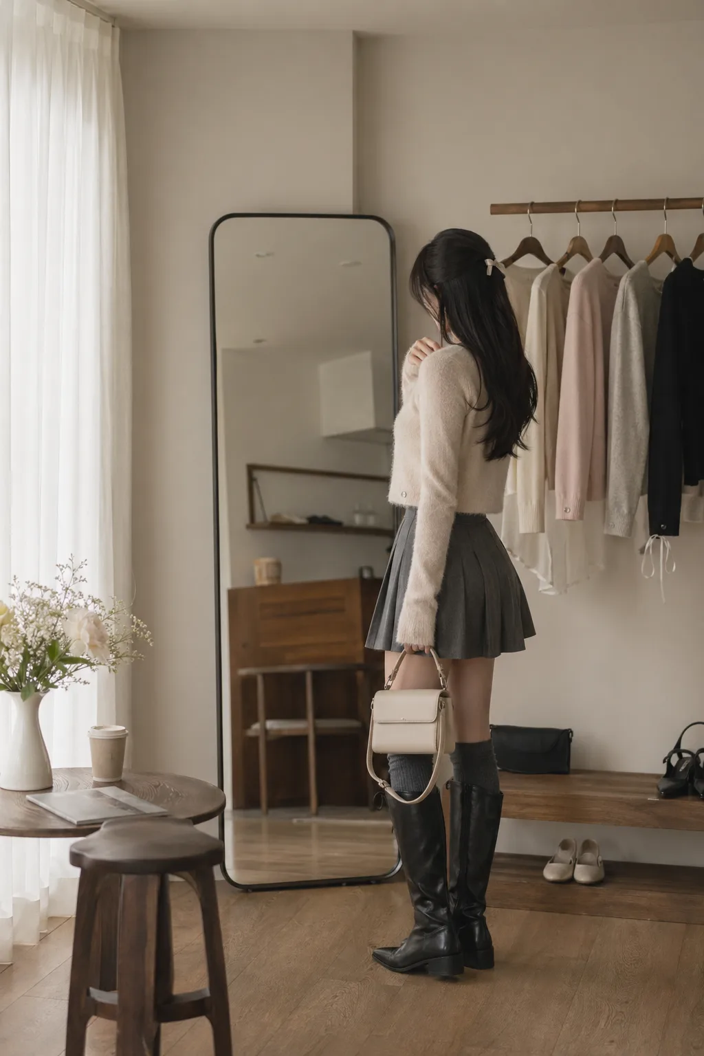 Korean soft feminine outfit with a pleated skirt, cropped cardigan, and knee-high boots