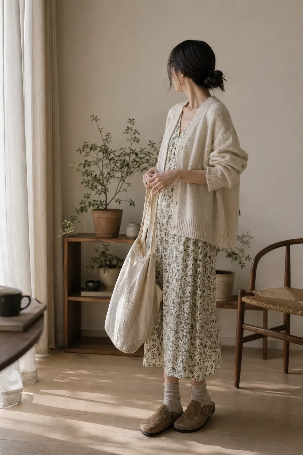 Korean cafe weekend outfit with soft cardigan, textured dress, and natural light