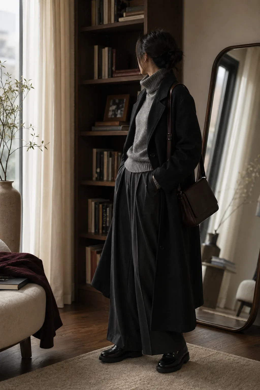Seoul dark academia outfit with a long coat, knit layers, wide skirt, and leather bag